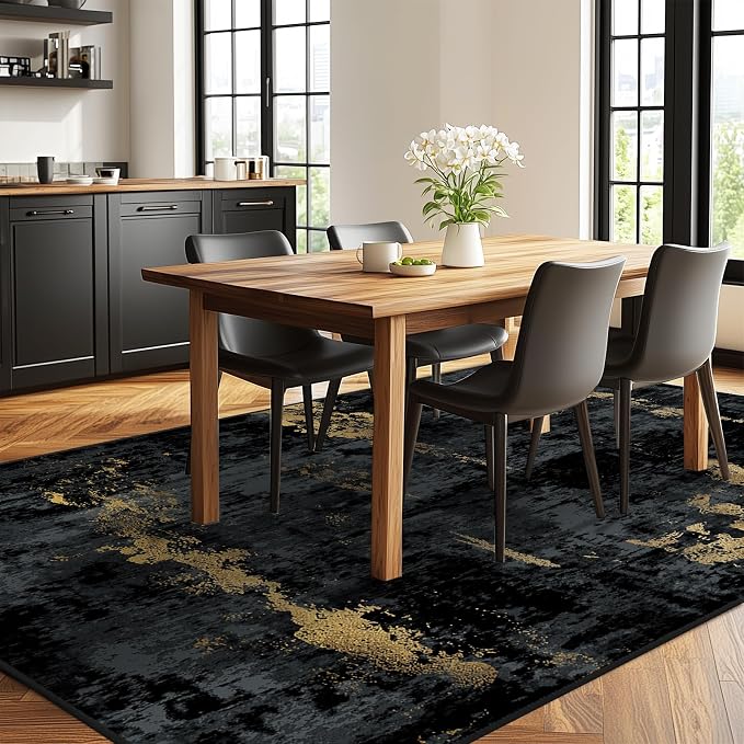 RELEANY Washable Area Rugs 10'x14' Non-Slip Modern Abstract Soft for Living Room Entryway Bedroom Kitchen, Print Pattern, Dark Black Gold
