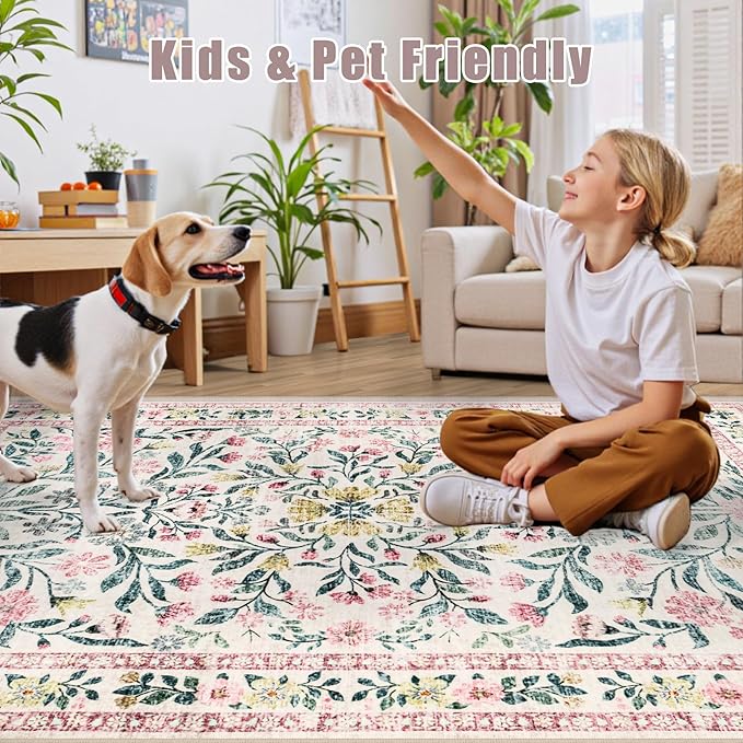 Runner Rug for Entryway: 2x5 Kitchen Rugs Non Slip Washable Ultra-Thin Soft Floral Carpet Indoor Floor Stain Resistant Carpets for Hallway Bedroom Kitchen Laundry Bathroom Dorm Pink/Green