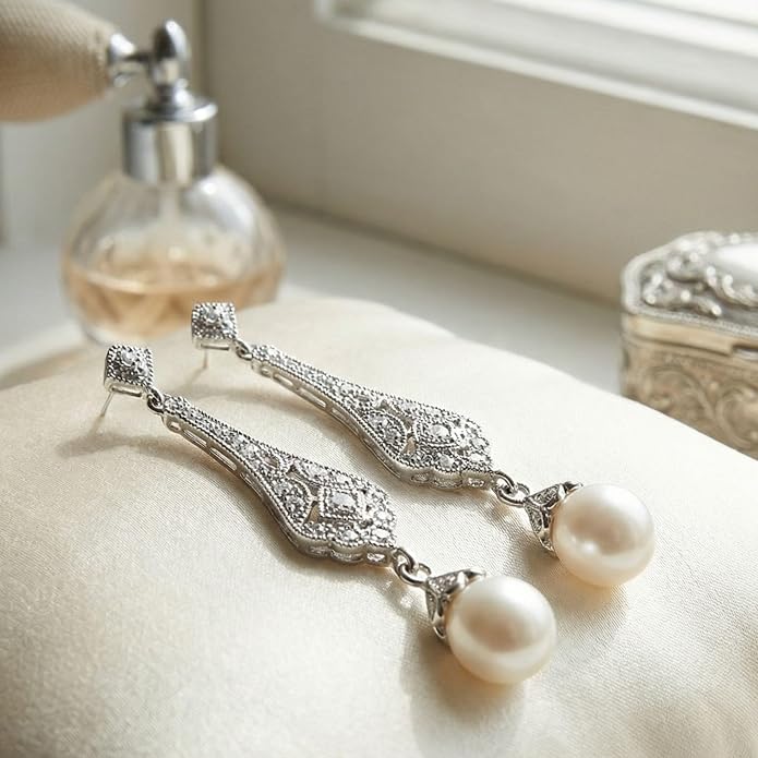 Mariell Cubic Zirconia Vintage Art Deco Dangle Earring with Freshwater Pearl Drops for Brides or Weddings