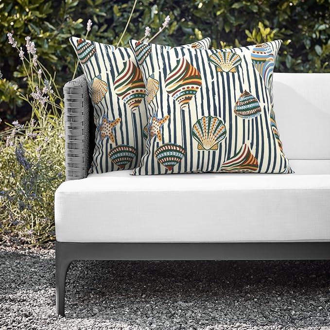 Outdoor Throw Pillows 16x16 Inch, Water Repellent Patio Pillows with Inners Set of 2 for Patio Furniture Home Graden, Crayon Shells