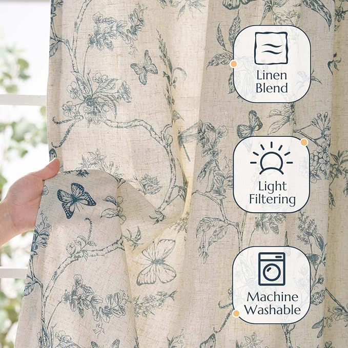 jinchan Blue Floral Linen Curtains Lined 96 Inch Vintage Back Tab 2 Panels | Privacy lining, light filtering drapes, cottagecore, french country, farmhouse, bedroom, living room, window treatment
