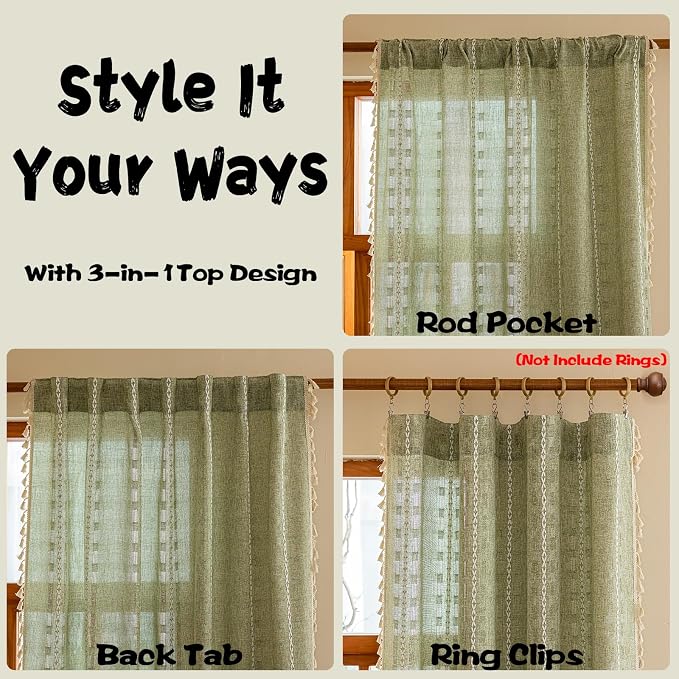 Sage Green Boho 96 inch Curtains 2 Panel Set for Living Room Dining room Floor to Ceiling , Light Filtering Tassels Privacy Country Vintage Christmas Bohemian Stripes Window Treatment Back Tab, 50"W