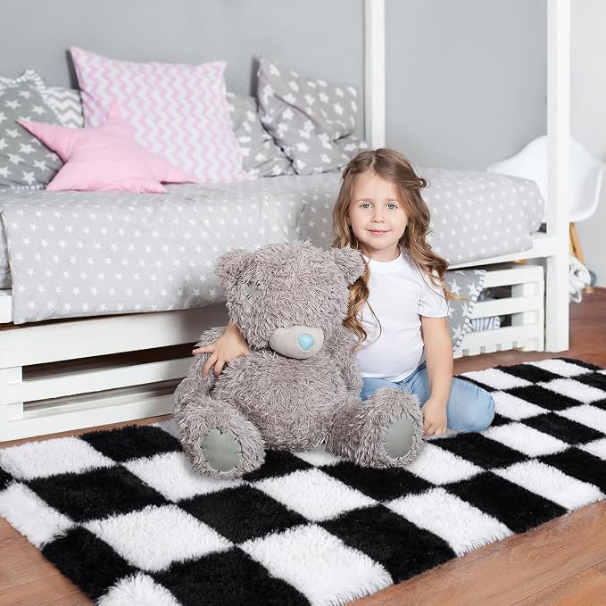 Pionblank Checkered Rug for Bedroom 2x6, Modern Fluffy Runner Rugs for Living Room, Super Soft Shaggy Bedside Carpet for Kids Room Nursery Teens Dorm Decor, Black and White