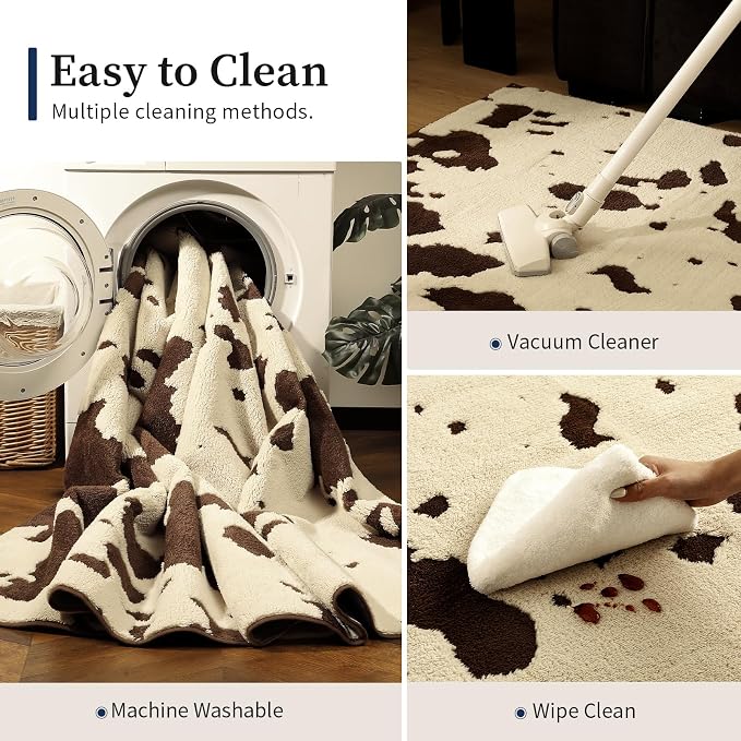 YIHOUSE Cowhide Area Rugs 6×9 Ft, Washable Plush Soft Brown and Cream Cow Rug, Non-Slip High-Low Pile Animal Carpet for Living Room, Bedroom, Dining Room, Nursery, Western Home Decor