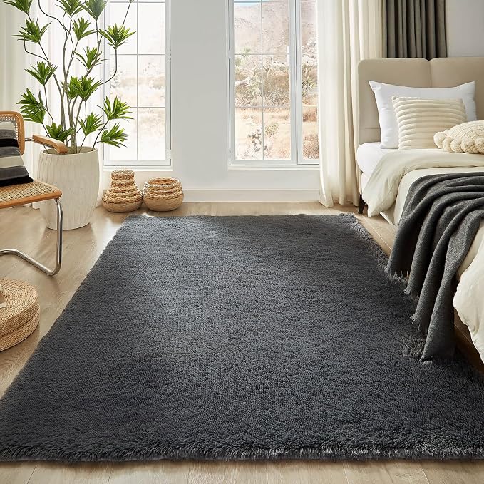 Floralux 5x7 Large Shag Area Rugs for Living Room, Bedroom, Dark Grey Soft Fluffy Shaggy Bedside Rug, Indoor Floor Carpet for Kids Girls and Boys