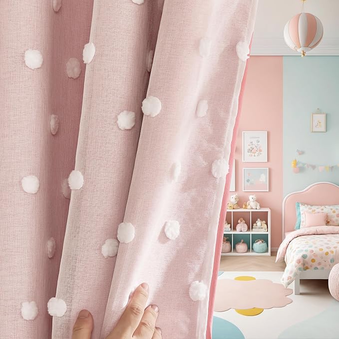 PONY DANCE Pink Curtains for Living Room 96 Inches Long, Thermal Insulated Room Darkening Curtains with Pom Pom Sheer, Double Layer Curtain for Girls' Bedroom, 52W x 96L, Blush Pink, 2 Panels