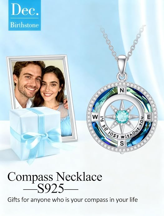 TOUPOP Necklace Gifts for Wife Compass Jewelry Women Anniversary Girlfriend Birthday Gift for Her Valentines I'd be Lost without You Sterling Silver Birthstone Necklaces