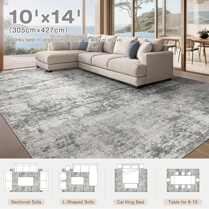 Abstract 10x14 Area Rug: Machine Washable Non Slip Ultra Thin Low-Pile Carpet, Soft Stain Resistant for Living Dining Room Bedroom, Kid Pet Friendly, Robot Vacuum Compatible - Beige Dark Grey