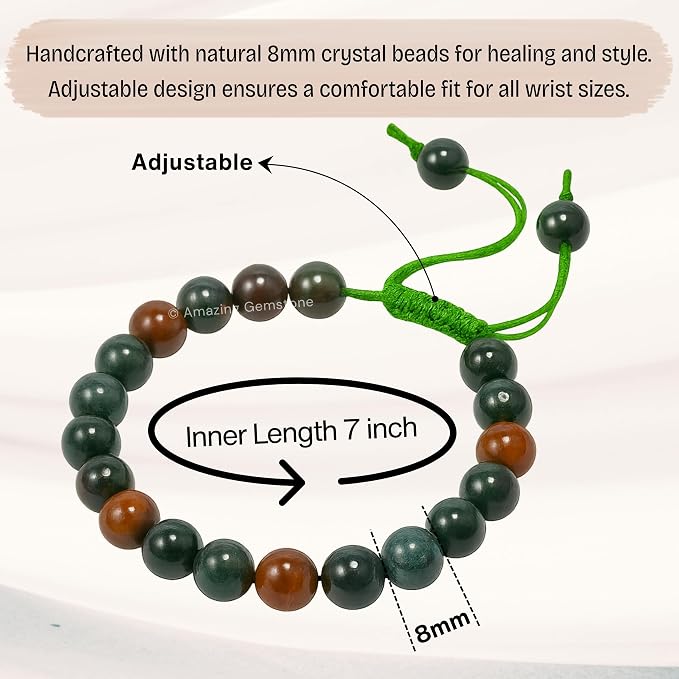 Amazing Gemstone Bloodstone Bracelet for Women Men's Gifts - Protection Healing Crystal Bracelet - 8mm Gemstone Beaded Adjustable Bracelet Pulseras para Hombres Mujer Stocking Stuffers
