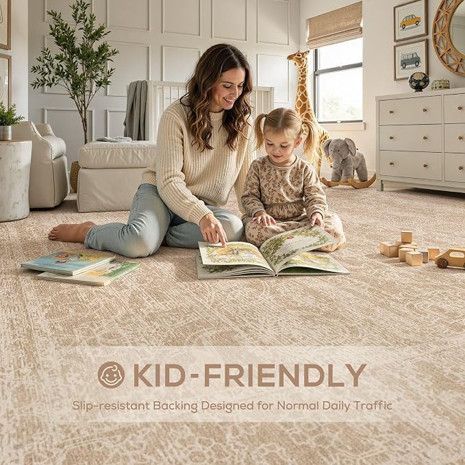 Nakagishi 5X7 Area Rugs Living Room: Washable Large Vintage Rug Neutral Non-Slip Soft Stain Resistant Indoor Carpet for Bedroom Nursery Dining Room Office Playroom