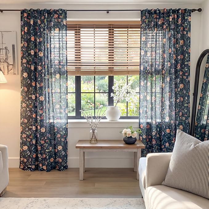 jinchan Dark Blue Floral Linen Curtains 96 Inch Vintage Back Tab 2 Panels | Light filtering, semi sheer, farmhouse, cottage core, privacy, drapes, living room, bedroom, window treatment, home decor