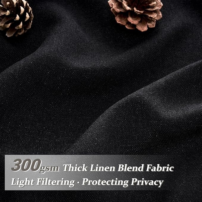 Pinch Pleated Black Sheer 96 Inch Curtains for Bedroom, Neutral Thick Linen Blend Pleat Light Filtering Sliding Door Curtain Lush Decor Privacy Window Drapes Hooks Back Tab (40"W x 96"L Panels 2 Set)