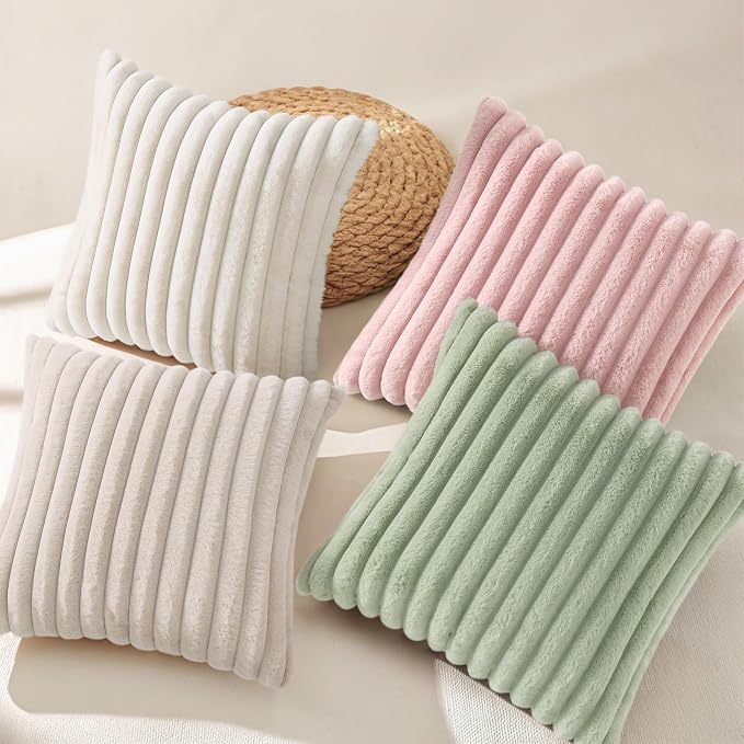 decorUhome Fall Faux Fur Throw Pillow Covers 18x18 Set of 4 White/Pink | Decorative Modern Farmhouse Soft Cozy Striped Pillow Cases Velvet Back for Sofa Bed Living Room Classic Accent Home Decor