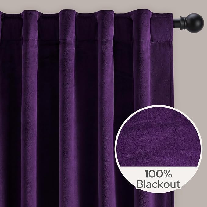 HOMEIDEAS 100% Blackout Purple Velvet Curtains, Thermal Noise Reduction Soft Luxury Vintage Christmas Velvet Curtains for Bedroom Decor, Living Room, Home, 52 X 84 Inch, 2 Panels