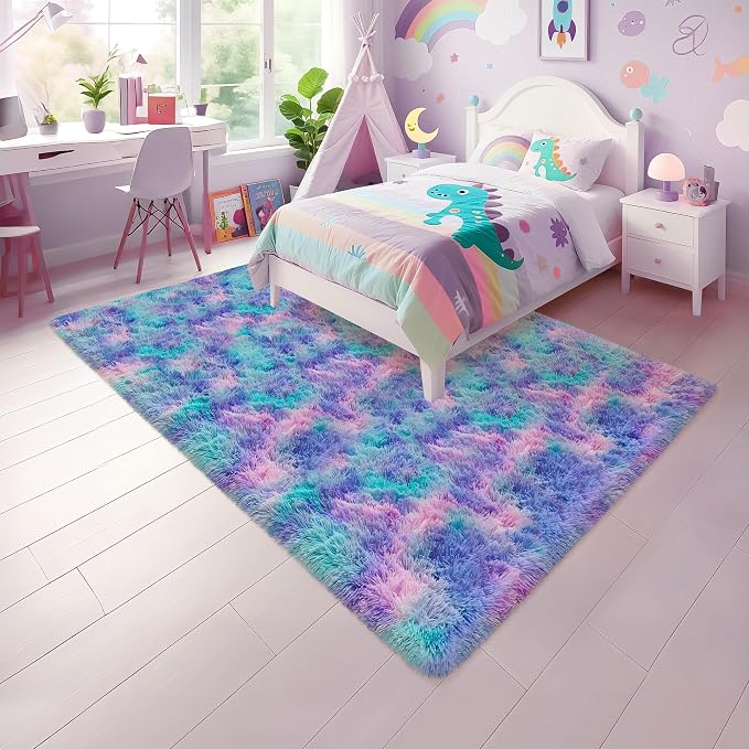 Purple Rainbow Rug 5x8ft Fluffy Plush Area Rugs for Girls Bedroom, Shaggy Rugs for Kids Playroom, Kawaii Princess Fuzzy Rugs for Nursery Baby Toddler, Cute Colorful Room Decor for Girls Room