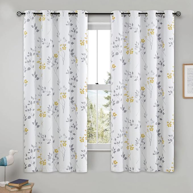 Beauoop Floral 100% Blackout Curtains Bedroom Yellow Grey 52X63 2 Panels | Flower Patterned Yellow White Room Darkening Drapes for Living Room Thermal Insulated Soundproof Window treatment Grommet