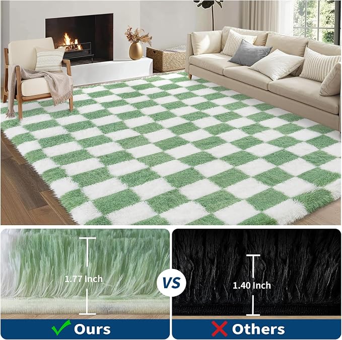 Garvee Checkered Area Rug 9x12 Large Rug Thick Super Soft Shaggy Rugs Fluffy Carpet Fluffy Fuzzy Shag Washable Rugs for Living Room Nursery Bedroom Luxury Playroom Teen Plush Carpets,Green White