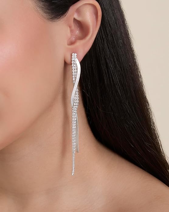 Jessica Simpson Long Silver Rhinestone Tassel Earrings for Women – Twisted Chain Fringe Dangle Earrings – Elegant Statement Jewelry
