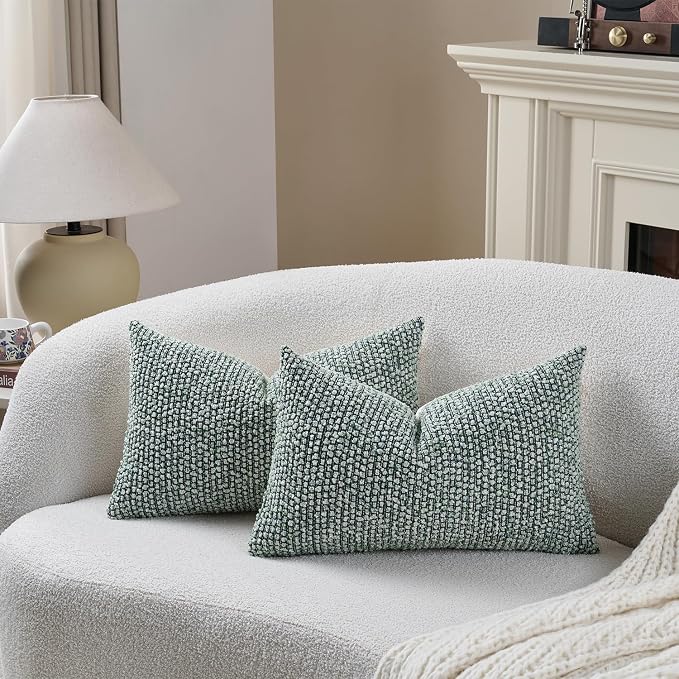 DEZENE Striped Throw Pillow Covers 12x20 Set of 2 Green Textured Polyester Chic Morden Boho Accent Farmhouse Rectangular Lumbar Decorative Couch Pillow Covers for Home Decor Bed Sofa Living Room