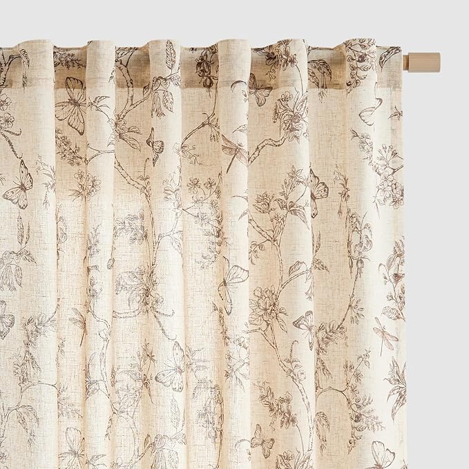 Lazzzy Charlotte Linen Taupe Floral Curtains 96 Inch Length Farmhouse Curtain Back Tab Drapes for Living Room Bedroom Light Filtering Vintage Rod Pocket Curtains, 2 Panels, Taupe on Beige