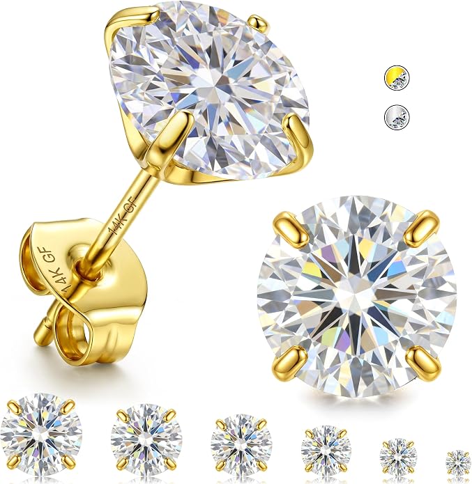 GEMQUEEN 6 Pairs 2-7mm Moissanite Earrings Studs 14K Gold Plated Stainless Steel Flat Back Earring for Women Men - Hypoallergenic Cartilage Helix Piercing Jewelry Brilliant Round Cut D Color VVS1 5.97CT