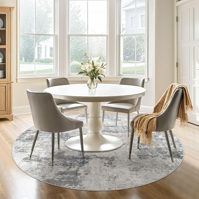 DMOYEST 6ft Round Area Rug for Living Room - 6x6 Washable & Non Slip Circle Rug, Kid & Pet Friendly Soft Low Pile Abstract Carpet for Bedroom and Dining Room - Grey Blue
