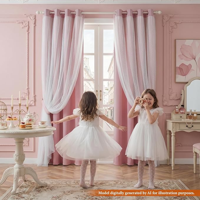 MYSKY HOME Pink Blackout Short Curtains 63 inch Length for Bedroom Girls & Nursery Kids Blush Princess Curtains Double Layer with Polka Dots Sheer, Grommet Tops, 52" Wide, 2 Panels