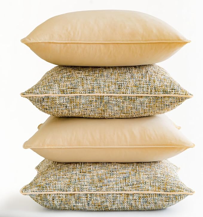 a moment Yellow 4 Pack Throw Pillow Covers - Chenille & Velvet Set with Piping, Farmhouse Textured Design Pillow Cases for Couch Sofa Bed Livingroom (16x16 Inch, No Insert)