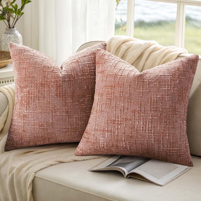 decorUhome Textured Chenille Throw Pillow Covers 22x22 Set of 2 Pink | Fall Modern Farmhouse Soft Cozy Slubby Couch Pillow Cases Boho Decorative Pillow Cases for Bed Sofa Living Room Home Decor
