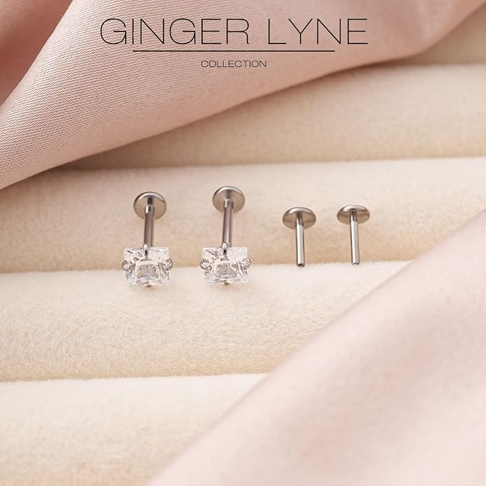Titanium Princess Cut Labret Stud Earrings for Piercings by Ginger Lyne Solitaire Cz 6Pc Set G23 Screw Front Flat Back Body Jewelry 2 pair post 6mm, 8mm Cartilage, Helix, Tragus, Lip, Conch, Lobe