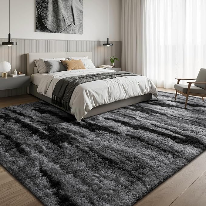 Deerhoo Large Shag Area Rugs 5 x 8, Tie-Dyed Plush Fuzzy Rugs for Living Room, Ultra Soft Fluffy Furry Rugs for Bedroom, Anti-Skid Indoor Carpet Nursery Rugs for Kids Room Home Decor, Black Gray