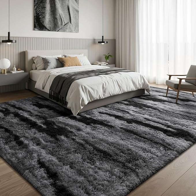 Deerhoo Large Shag Area Rugs 6 x 9, Tie-Dyed Plush Fuzzy Rugs for Living Room, Ultra Soft Fluffy Furry Rugs for Bedroom, Anti-Skid Indoor Carpet Nursery Rugs for Kids Room Home Decor, Black Gray