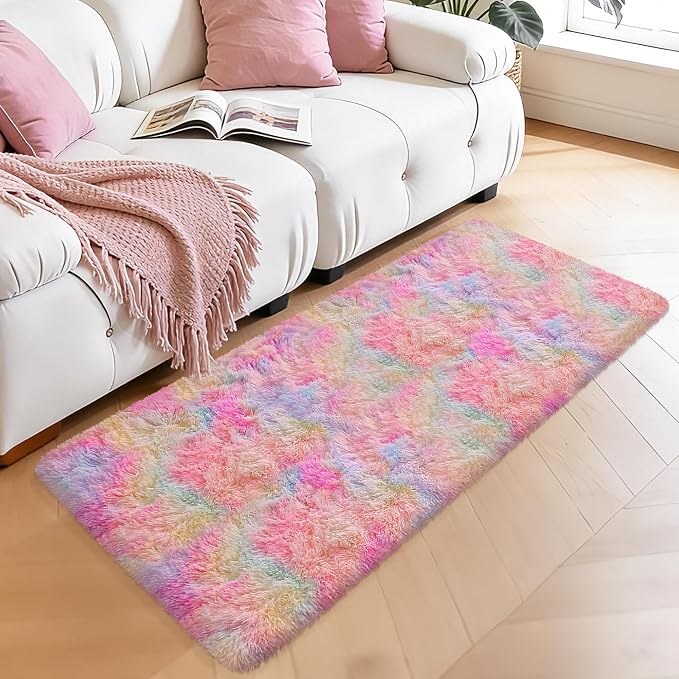 2x5 Feet Tie-Dye Rainbow Unicorn Rug for Girls Bedroom, Ultra Soft Shag Fluffy Runner for Bedroom, Colorful Area Carpet for Kids Room, Living Room, Kawaii Nursery Decor