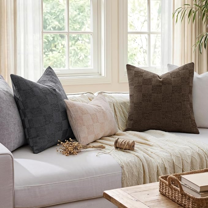 a moment Set of 2 Decorative Linen Throw Pillow Covers,Large Grid Textured Neutral Boho Farmhouse Cushion Covers,Soft Aesthetic Pillowcases for Couch Sofa Living Room Home Decor,22x22 Inch,Dark Brown