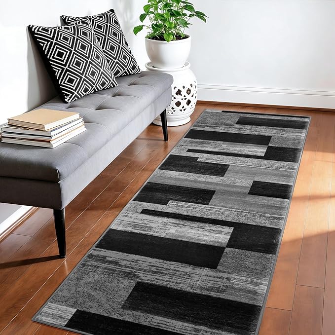 LIANLAM 2x6 Washable Runner Rug for Hallway&Kitchen(2x6,Black&Gray) | Non-Slip Long Carpet with Vintage Checkered Design, Low Pile,Stain Resistant Easy Clean Floor Mat for High Traffic Areas
