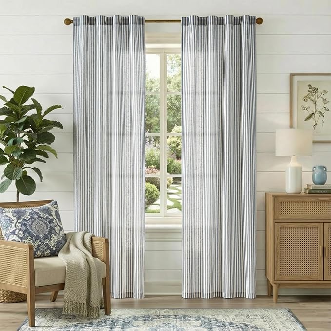 jinchan Linen Curtains 84 Inch Blue Stripe on Beige Back Tab 2 Panels | Curtains For Living Room Bedroom,Ticking Stripe, Farmhouse Cottage Core Rustic,Rod Pocket Window Treatment,Light Filtering
