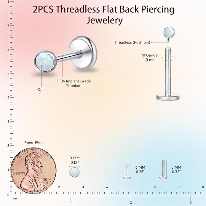 limerencia 18G Hypoallergenic Titanium Opal Threadless Nose Stud Earrings, 2PC Flat Back Push in Stud Earrings Labret Medusa Monroe Helix Cartilage Tragus Conch Piercing Jewelry for Women Men