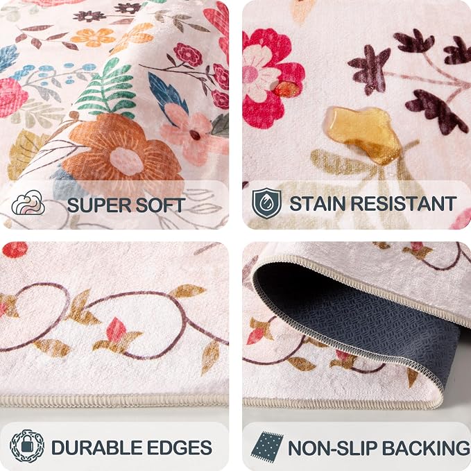 2x3 Area Rugs for Entryway, Non-Slip Low Pile Boho Small Carpet, Machine Washable Floral Throw Rug for Entrance, Bedroom, Kitchen, Laundry, Bathroom (2x3 Beige Red)