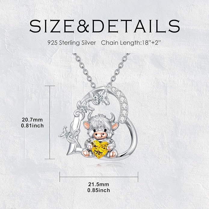 PELOVNY Teddy Bear Necklace for Women 925 Sterling Silver Bear/Highland Cow/Fox/Cat/Axolotl Birthstone Necklace Christmas Birthday Jewelry Gifts for Mom Daughter Wife Sister