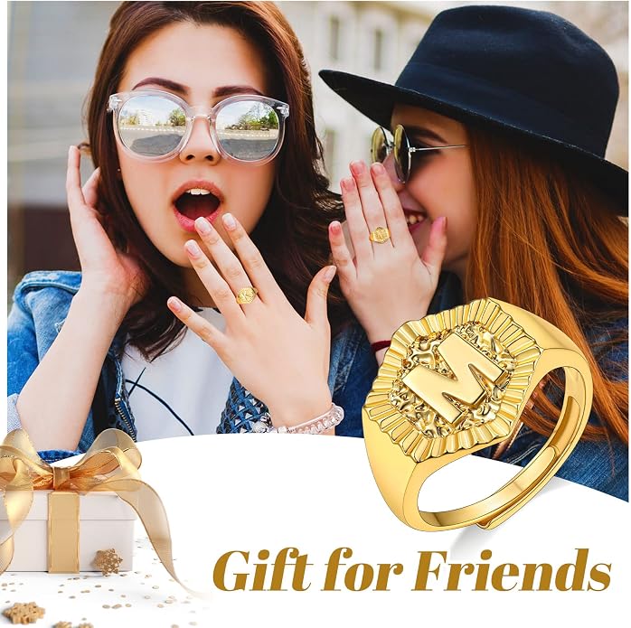 KeyStyle Bold Initial Letter Rings Adjustable, GoldChic Jewelry Women Gold Statement Ring Personalized Engraved Women’s Open Signet Ring for Party (Gold, White Gold, Black)