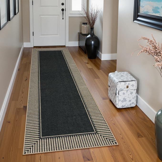 Moynesa Washable Black Striped Border Easy Jute Runner Rugs 2x6, Entryway Rug Runners for Kitchen, Farmhouse Indoor Outdoor Non Slip Carpet for Hallways Bathroom Bedroom Laundry