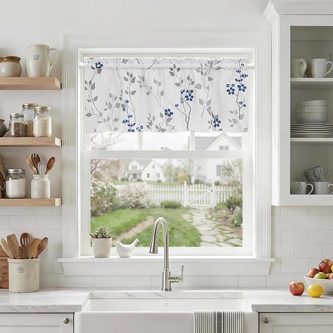 Beauoop Floral Valance Curtains for Kitchen Blue Grey 52X18 Inch 1 Panel | Flower Patterned Blue White Blackout Short Curtains for Living Room Bedroom Cafe Thermal Small Window Curtains Rod Pocket