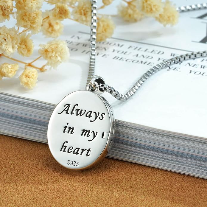 Sterling Silver Locket Necklace for Woman Vintage Opal Locket Necklace That Holds Pictures Always in My Heart Photos Daisy Flowers Locket Jewelry Gifts