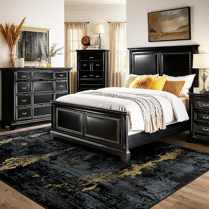 RELEANY Washable Area Rugs 6'x9' Non-Slip Modern Abstract Soft for Living Room Entryway Bedroom Kitchen, Print Pattern, Dark Black Gold