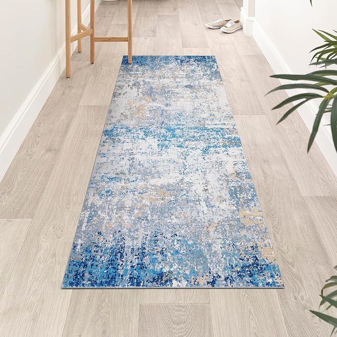 ROYHOME Modern Abstract 2x10 Runner Rug Non Slip Non Shedding Rug Low Pile Stain Resistant for Bedroom Hallway Kitchen,Blue/Grey