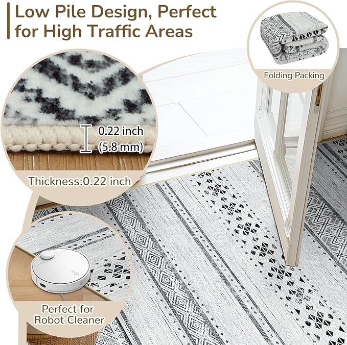BESTSWEETIE 2x6 Area Rugs for Living Room Washable Moroccan Farmhouse Neutral Geometric Low Pile Non-Slip Soft Print Pattern Rug for Bedroom Kitchen Dining Room Entryway Grey/Black/Navy