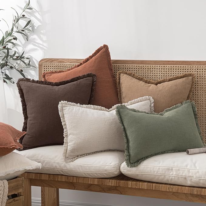 MIULEE Decorative Throw Pillow Covers Neutral Linen Fringe Throw Pillows Euro Shams Set of 2 Dark Brown Boho Farmhouse Cushion Covers for Couch Sofa Bed Living Room Fall Home Decor 26x26 Inch