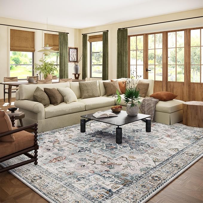 9x12 Area Rugs for Living Room: Washable Bedroom Rug Boho Vintage Rugs Stain Resistant Non Slip Low Pile Soft Lightweight Carpet for Kitchen Dining Room Farmhouse Nursery Kids Room Home Office