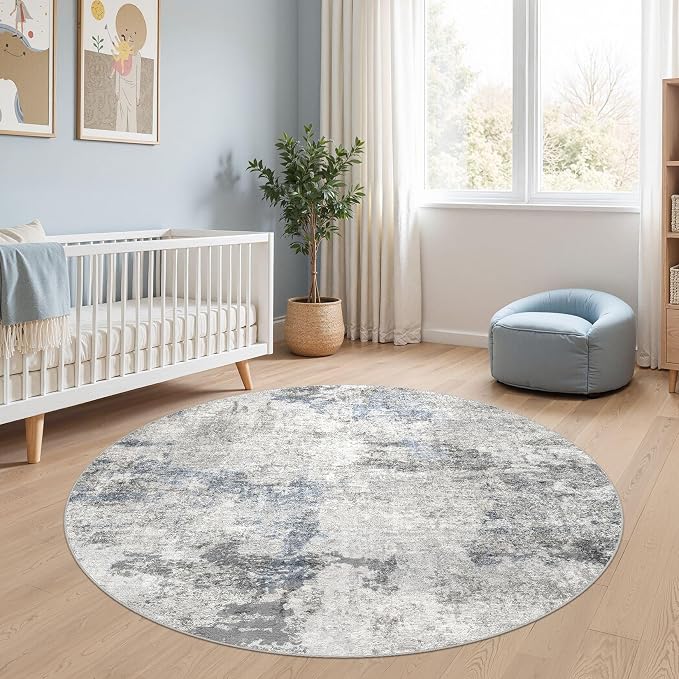 DMOYEST 5ft Round Area Rug for Living Room - 5x5 Washable & Non Slip Circle Rug, Kid & Pet Friendly Soft Low Pile Abstract Carpet for Bedroom and Dining Room - Grey Blue
