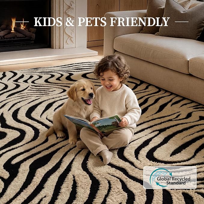 YIHOUSE 5×7 Ft Zebra Area Rugs Black and Beige: Washable Nonslip Plush Soft Rug for Living Room - High-Low Striped Carpet for Bedroom Dining Room Office Playroom Nursery Home Decor